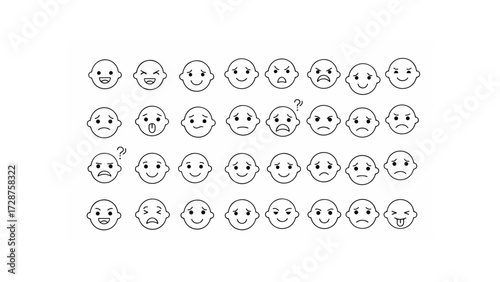 Collection of thirty different hand drawn facial expressions arranged in three rows on a white background