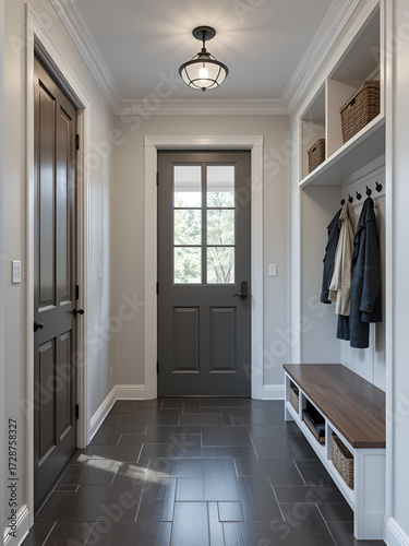 Modern mudroom interior, entrance hall in house, home storage space.