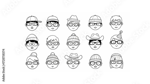 Fifteen line art faces featuring varied head coverings suitable for abstract user interface design.