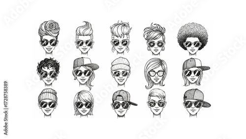 Collection of hand drawn faces with various hairstyles and sunglasses in a detailed sketch illustration