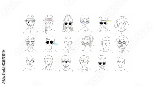 Collection of sketched portraits featuring diverse individuals wearing hats and sunglasses in a grid format