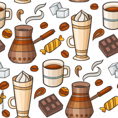 A repeating pattern of coffeethemed illustrations on a white background