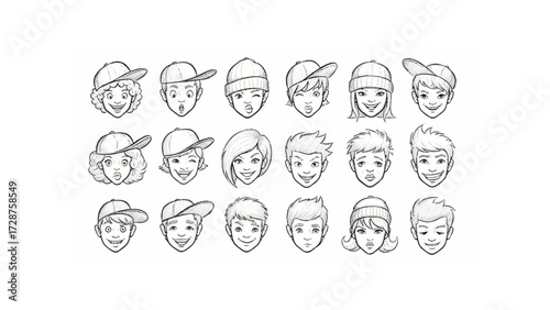 Set of smiling line-drawn faces wearing baseball caps creates an approachable element for branding.