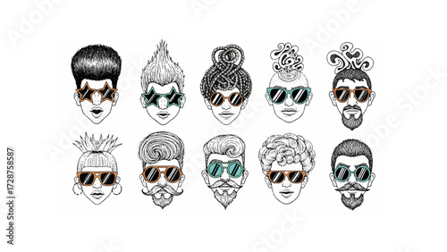 Illustration showing ten stylized faces with various hairstyles and sunglasses in a row on white background