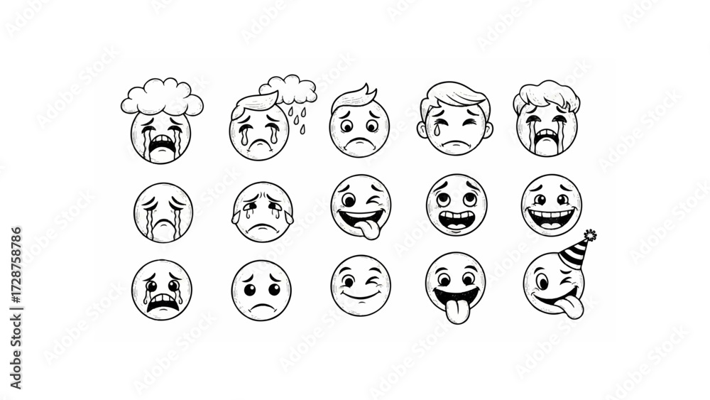 Naklejka premium Collection of cartoon emoji faces showing a range of emotions from sadness to happiness and party mood