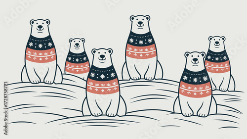 A group of polar bears wearing sweaters with snowflakes standing on a snowy hill illustration art