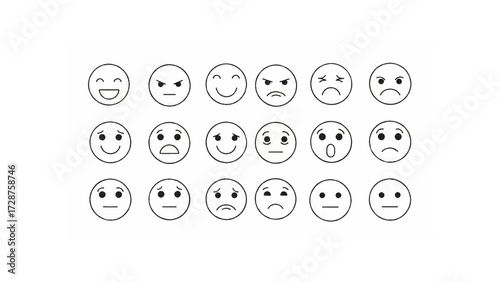 Collection of twenty one simple black and white line drawing emoji faces expressing various emotions and feelings