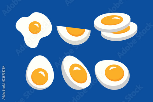 Eggs isolated on a blue background. Set of fried, boiled, halved, and sliced eggs. Vector illustration showcasing eggs in various forms