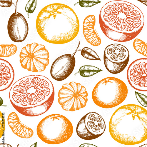 A repeating pattern of colorful citrus fruits and leaves