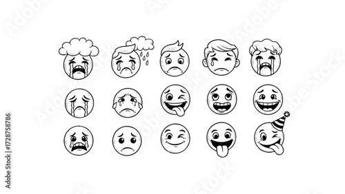 Collection of cartoon emoji faces showing a range of emotions from sadness to happiness and party mood