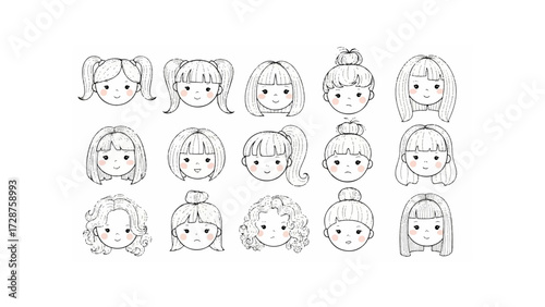 Collection of fifteen hand drawn cartoon girl faces with various hairstyles in black and white sketch style art