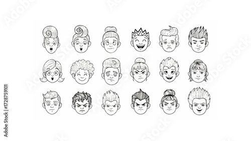 Collection of cartoon faces displaying a variety of expressions and hairstyles in black and white sketch style