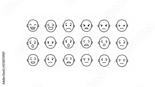 Illustration of a collection of twenty one cartoon faces displaying various emotions and expressions in black and white