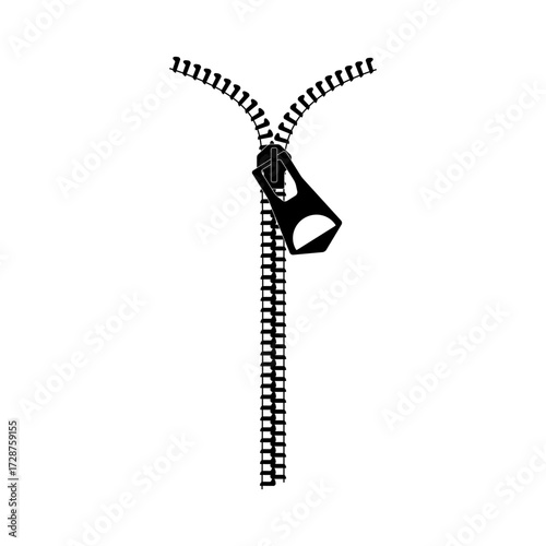 Black zipper with pull tab vector illustration. Detailed open fastener showing teeth pattern and slider mechanism. Clean minimalist design perfect for fashion, clothing, and textile industry projects.