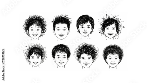 Illustration showcasing eight different hairstyles on faces with happy expressions in a monochrome style