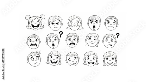Collection of cartoon faces displaying various emotions such as happiness sadness anger and confusion in black and white