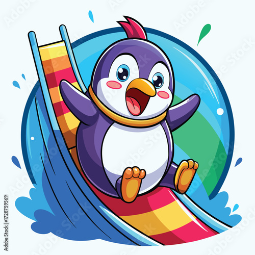 Happy Cartoon Penguin Sliding Down a Colorful Water Slide Keywords: penguin, cartoon, happy, sliding, water