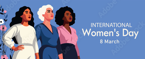 International Women's Day. March 8th. Women of different cultures and skin tones stand together against a backdrop of flowers and a blue sky. Feminism. Gender equality, women's empowerment