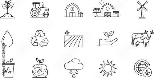 Eco-friendly line icons: agriculture, farming, and sustainability concepts