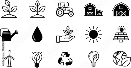 Eco-friendly line icons: agriculture, farming, and sustainability concepts