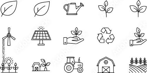Eco-friendly line icons: agriculture, farming, and sustainability concepts