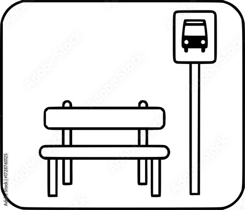 Minimalist bus stop icon with bench and sign in linear style