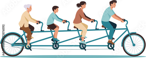 Family tandem bicycle, four riders, multigenerational group, teamwork, shared activity, pedaling together, motion, unity, cooperation, flat illustration, white background, cycling,