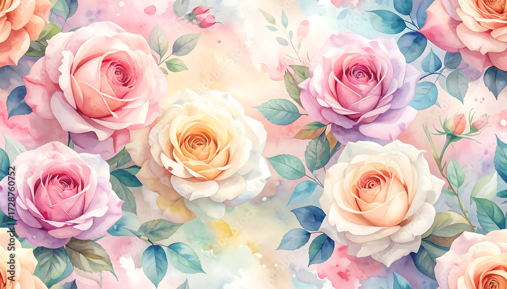 Fototapeta premium Delicate watercolor rose bouquet pastel background serene floral composition radiant petals gentle leaves romantic mood