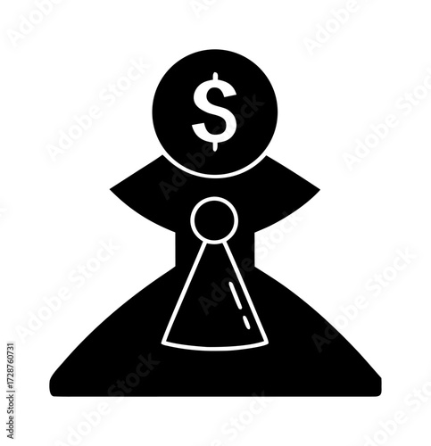 Vector art of abstract representation of a pawn chess piece with a dollar coin top, symbolizing financial strategy and investment