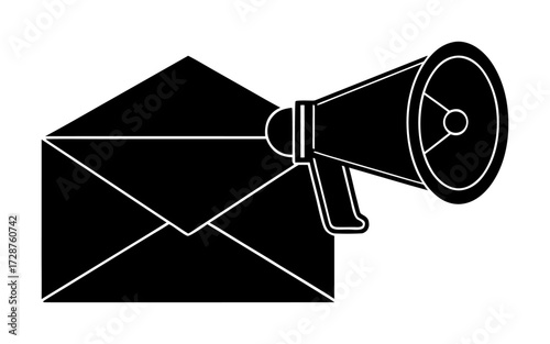 Vector art of email marketing concept with a megaphone emerging from an envelope, symbolizing announcement and communication