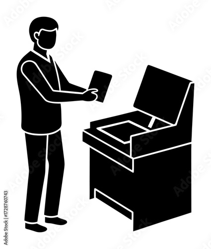 Vector art of silhouette of a man interacting with a futuristic kiosk or information terminal, holding a document
