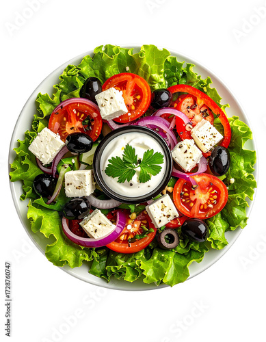 Overhead view of a Greek salad