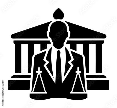 Vector art of silhouette of a lawyer in a suit standing in front of a courthouse, symbolizing justice and legal services