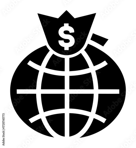 Vector art of stylized globe with a money bag top, featuring a dollar sign, symbolizing global finance, international trade, wealth, and economic growth