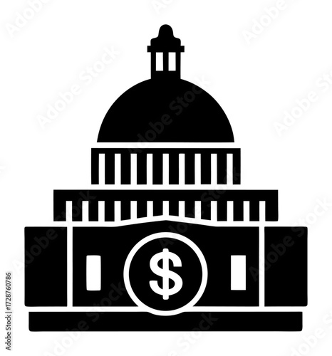 Vector art of black silhouette of a government building, possibly a capitol or courthouse, with a dollar sign its facade, symbolizing government finance and economic policy
