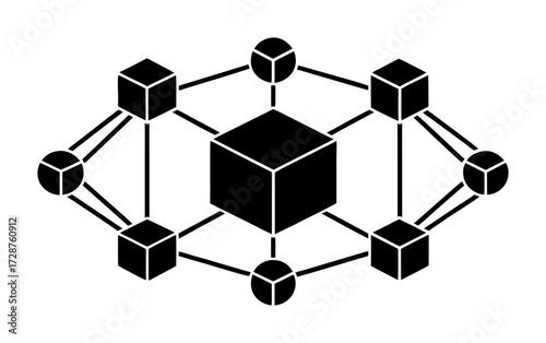 Vector art of abstract geometric representation of a blockchain network with interconnected cubes and spheres, symbolizing data security and distributed ledger technology