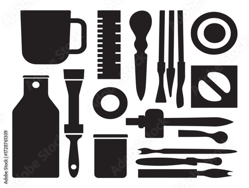 Stylish flat silhouette of creative tools vector drawing