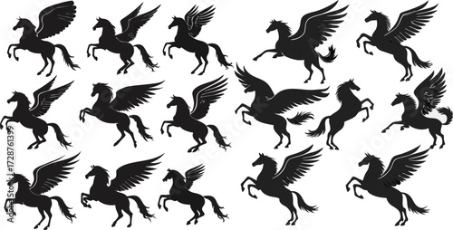 Black Line Pegasus Flying Icons Set including Flat Mythology Winged Horse Fantasy and Legend Symbol Collection with Minimal Pegasus Icon Group for UI Web Magic Creature and Ancient Design Projects