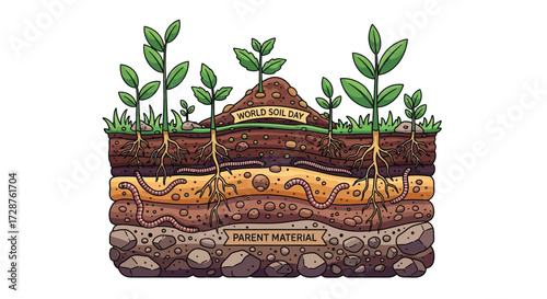 flat vector illustration of healthy soil layers with plants, roots, and earthworms, symbolizing World Soil Day, educational and colorful design, isolated on white background