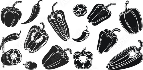 Black Line Pepper Icons Set including Flat Vegetable Food Spicy and Cooking Symbol Collection with Minimal Pepper Icon Group for UI Web Grocery Healthy Diet Farm and Culinary Design Projects
