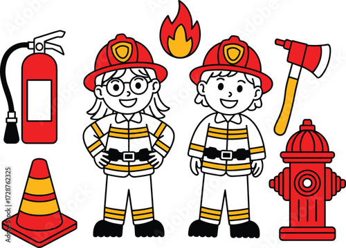 Firefighter cartoon illustration, safety equipment icons, emergency response team, fire extinguisher, hydrant, axe, flame symbol, children heroes, protective gear
