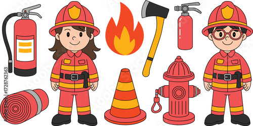 firefighter, fire, safety, emergency, rescue, uniform, helmet, hydrant, extinguisher, hose, flame, axe, teamwork, protection, cartoon, illustration, equipment, training, alert, prevention