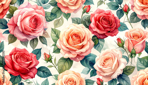 Romantic watercolor rose pattern with blush and red blooms, green leaves and soft vintage texture evoking gentle nostalgia