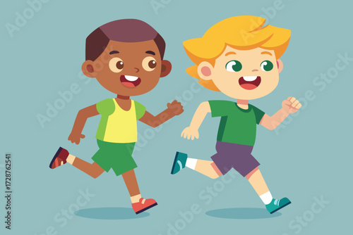 Two Diverse Cartoon Boys Running Together with Happy Expressions children kids