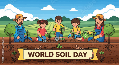 Flat vector poster showing farmers and children planting trees in fertile soil, celebrating World Soil Day, eco-friendly theme, bright and cheerful colors