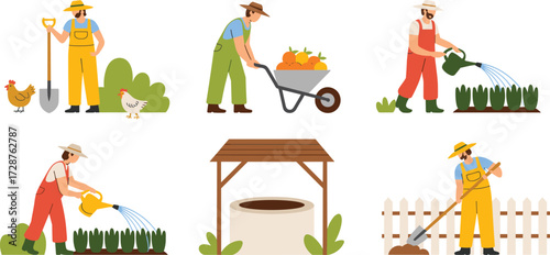 Gardener activity, farming, watering plants, digging soil, harvesting, wheelbarrow, well illustration, flat design, rural work, sustainable living, growth, crop care, nature,