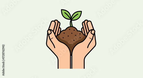 Minimal 2D flat vector of hands holding soil with a small green sprout growing, symbol of life and sustainability, World Soil Day concept, clean and modern design