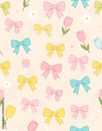 Pastel bows and flowers repeating pattern