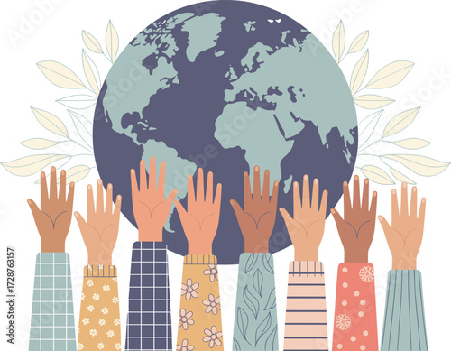 Global unity illustration, raised diverse hands, Earth support, environmental awareness, patterned sleeves, inclusive cooperation, sustainability concept, world map backdrop, peace, harmony