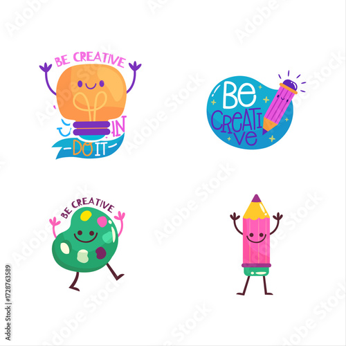Cute cartoon lightbulb character with "Be Creative" text, inspiring innovation and imagination in a fun and colorful style.